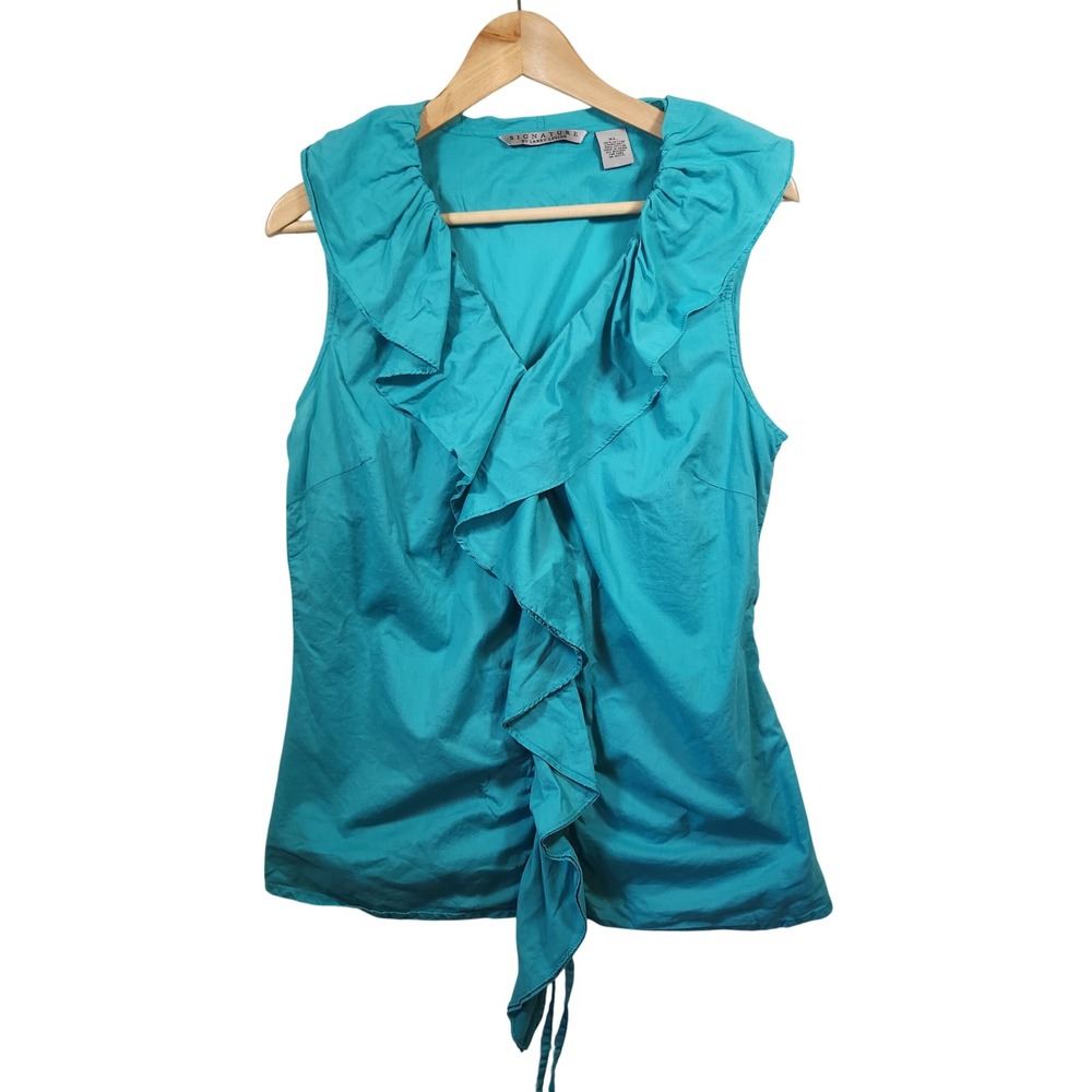 Signature by Larry Levine Turquoise Blue Ruffle Front Sleeveless Blouse XLCotton